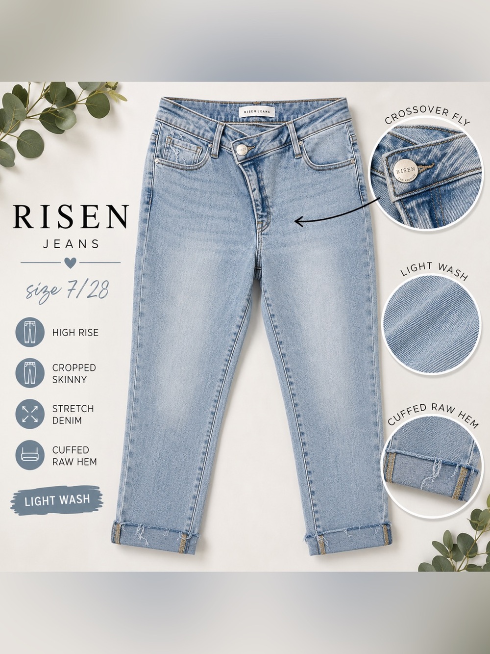 Risen Jeans Size 7/28 Light Wash High Rise Crop Skinny Cuffed Stretch Denim